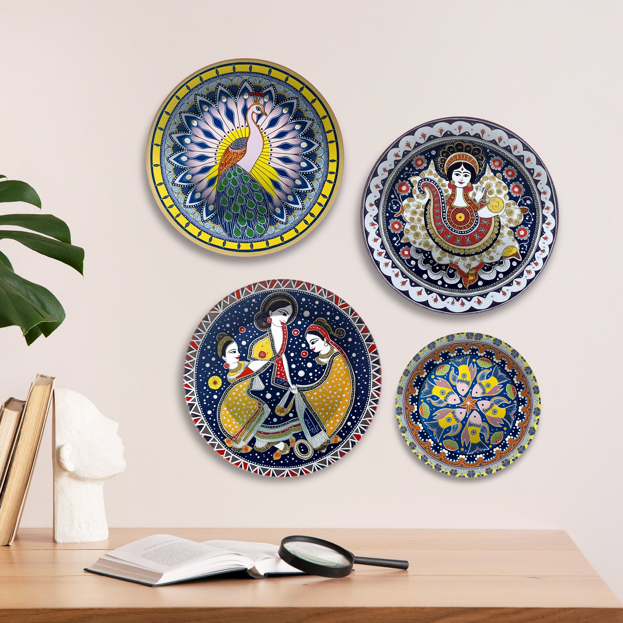 Dance, Divinity & Peacock Premium Wall Plates Painting Set of Four