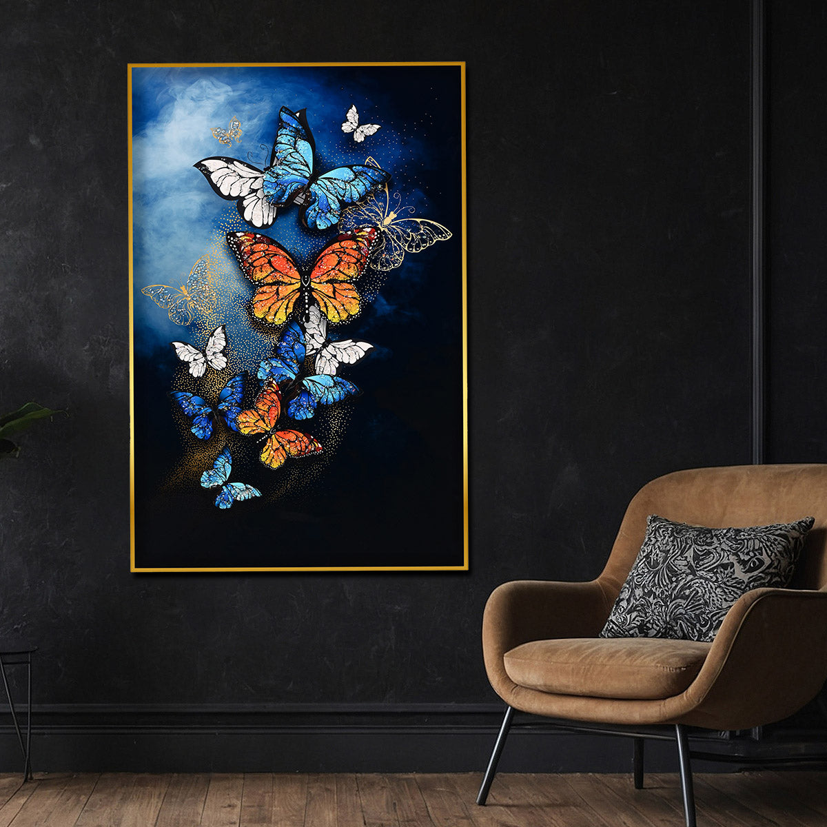 Dancing Wings Butterfly at Night Framed Crystal Glass Painting