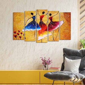 Dancing Women Warli Art 5 Pieces Premium Wall Painting