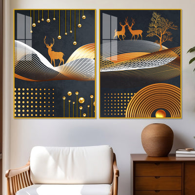 Dark Backgroundnt Golden Deer Classic Acrylic Floating Wall Painting Set of 2