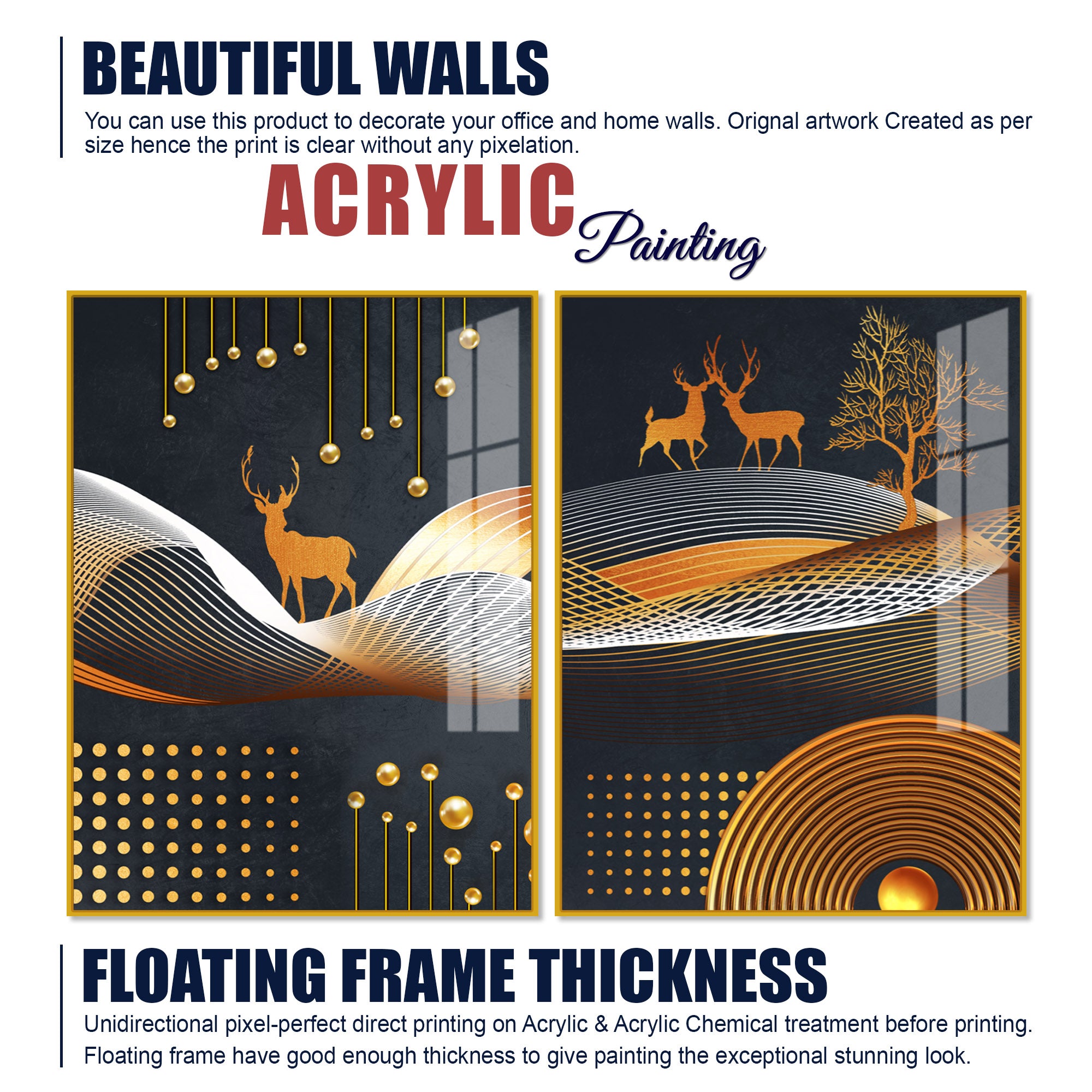 Dark Backgroundnt Golden Deer Classic Acrylic Floating Wall Painting Set of 2