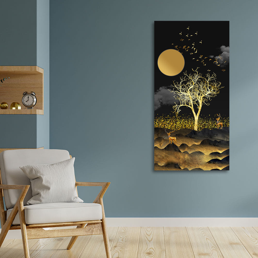 Dark Moon Light with Golden Birds Premium Canvas Wall Painting