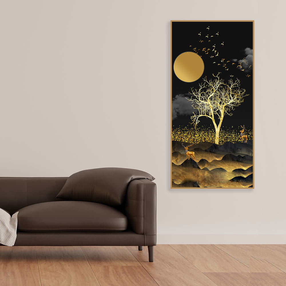 Dark Moon Light with Golden Birds Premium Canvas Wall Painting