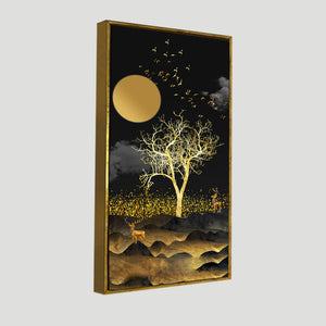 Dark Moon Light with Golden Birds Premium Canvas Wall Painting