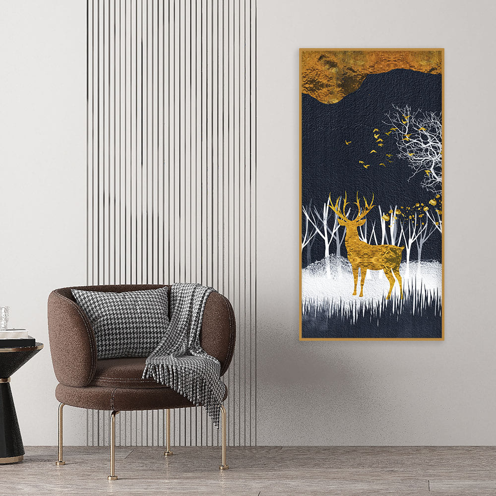 Dark Night Golden Deer with Birds Premium Canvas Wall Painting