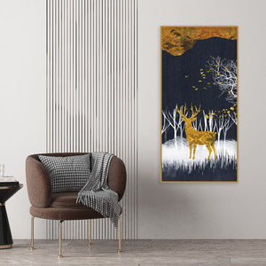 Dark Night Golden Deer with Birds Premium Canvas Wall Painting