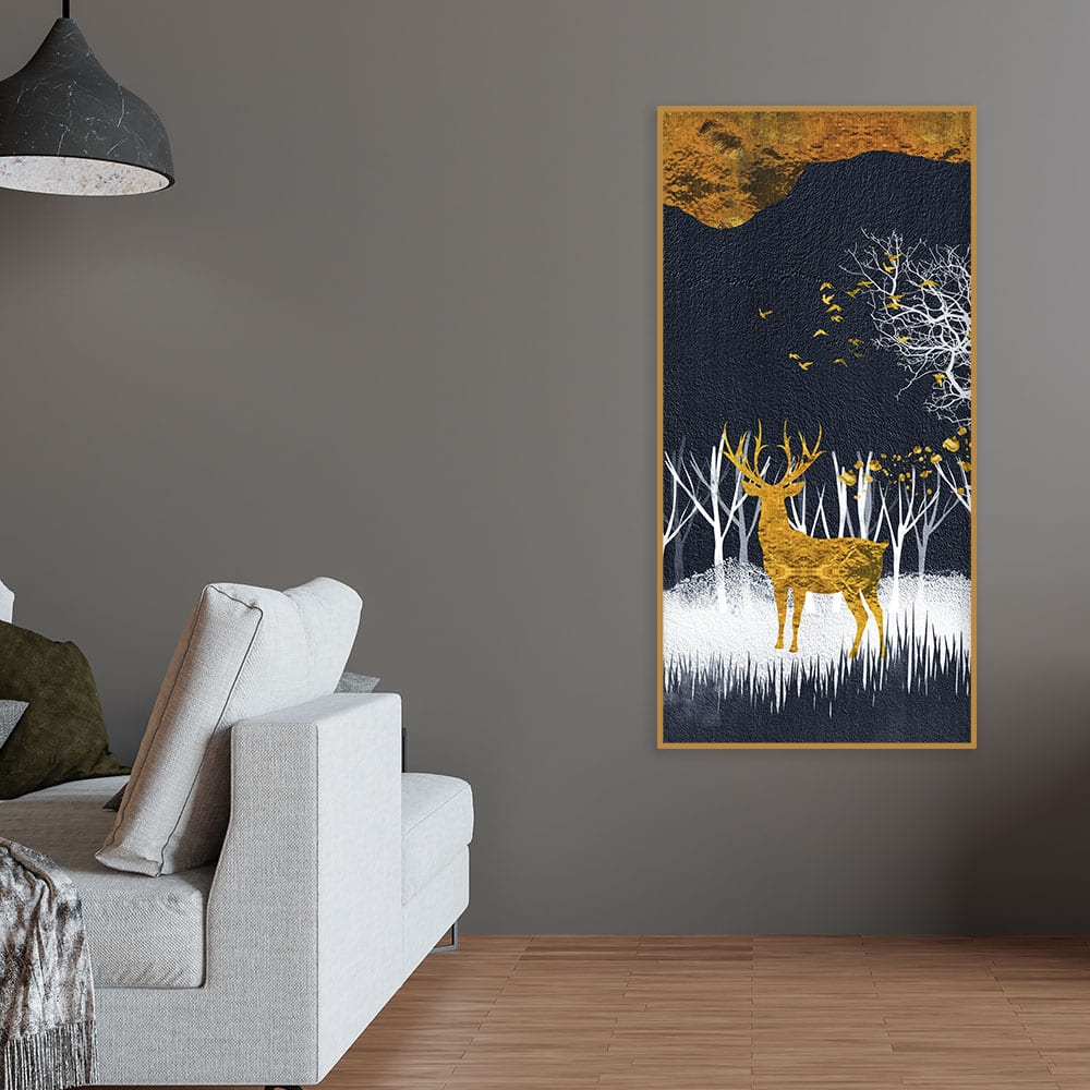 Dark Night Golden Deer with Birds Premium Canvas Wall Painting