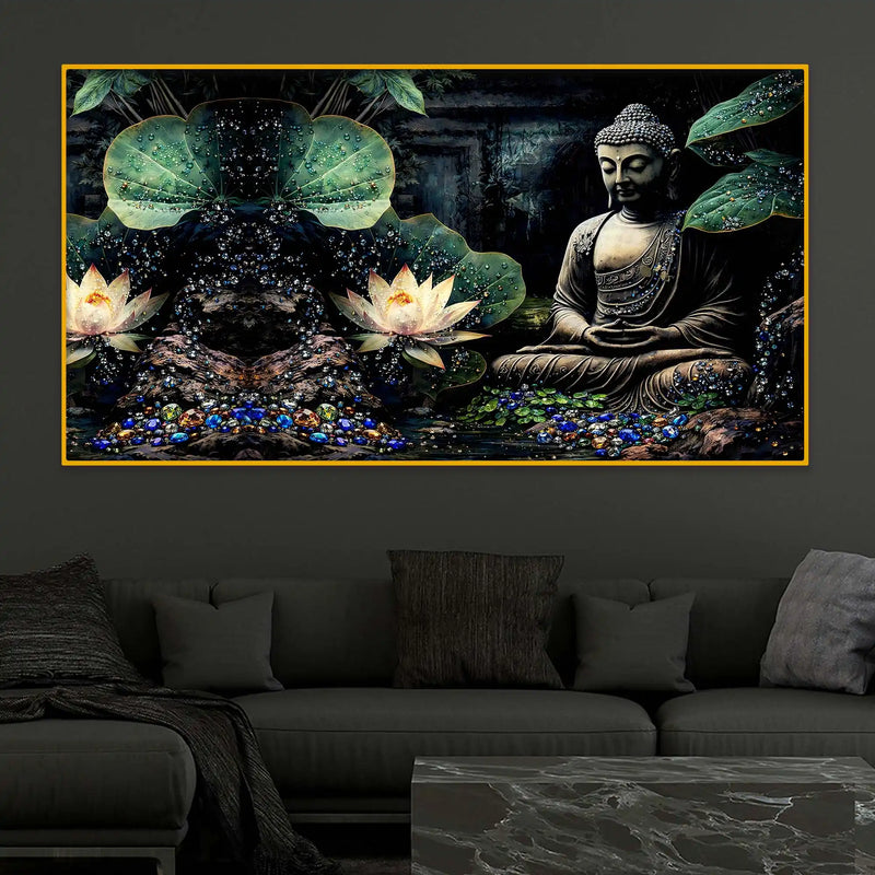 Dark Theme Buddha Meditation Crystal Glass Elegant Painting