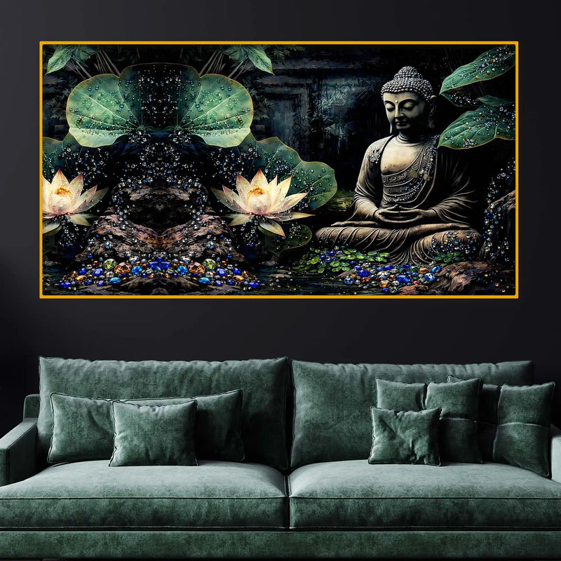 Dark Theme Buddha Meditation Crystal Glass Elegant Painting