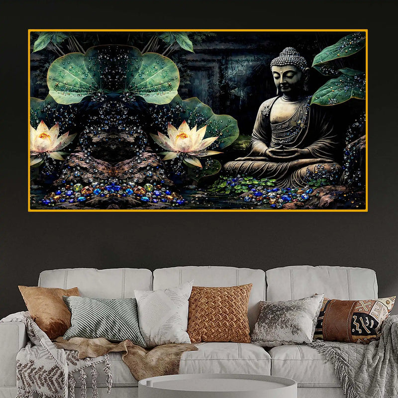 Dark Theme Buddha Meditation Crystal Glass Elegant Painting