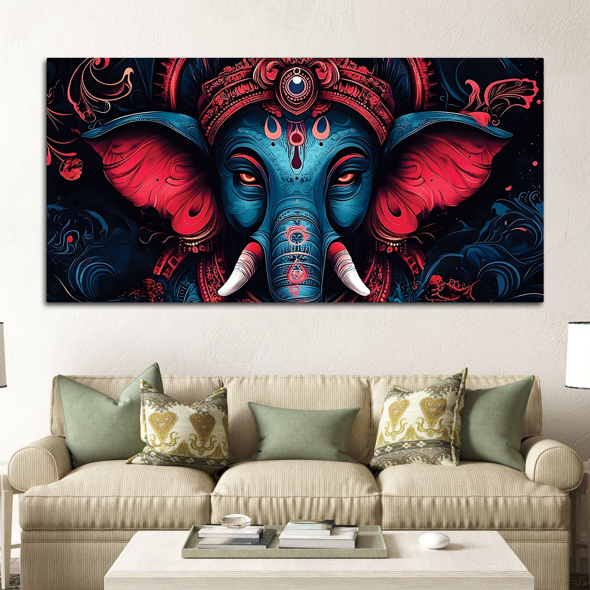 Dark Themed Powerful Lord Shri Ganesha Face Painting – Modern Indian Canvas Home Décor