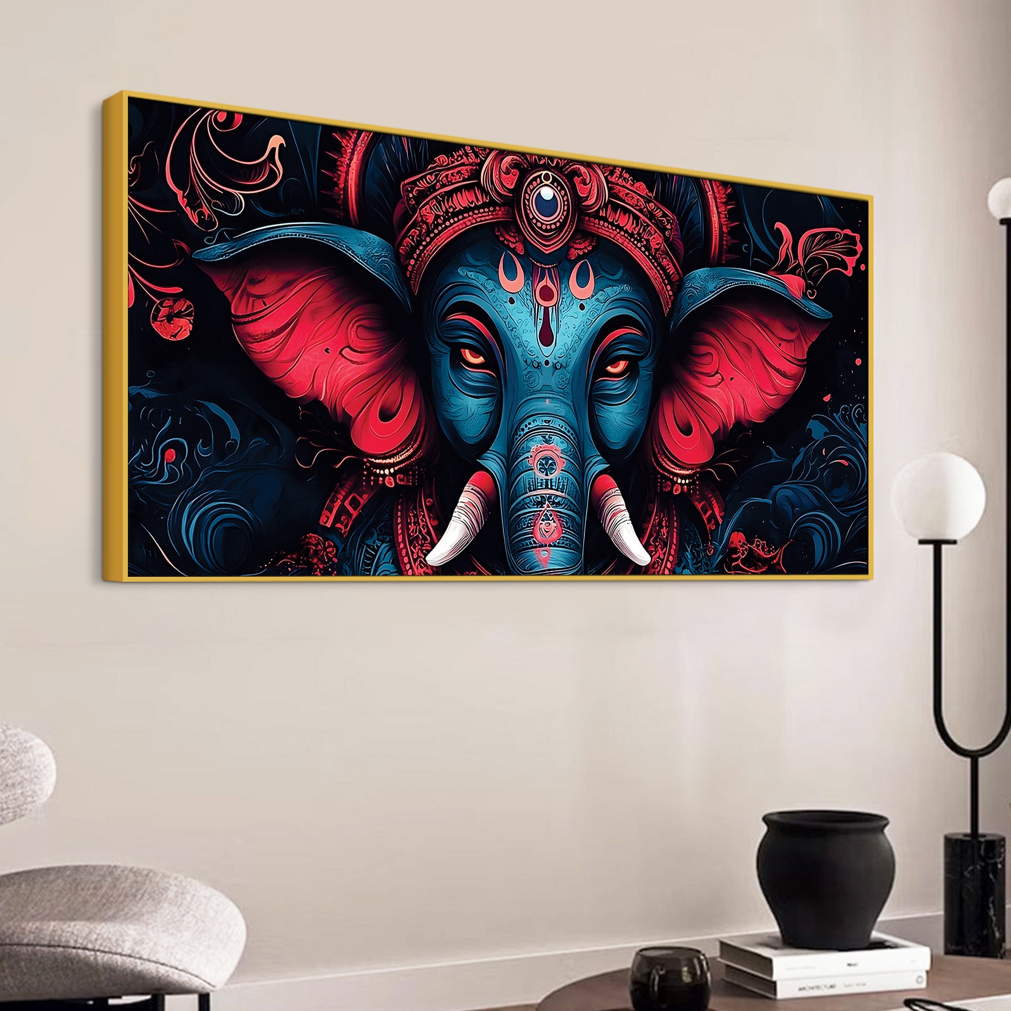 Dark Themed Powerful Lord Shri Ganesha Face Painting – Modern Indian Canvas Home Décor