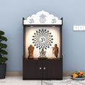 Dark Wooden Floor Pooja Mandir with Kalash & Om Top Design Lotus Pattern Back Panel Storage Cabinet