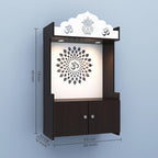 Dark Wooden Floor Pooja Mandir with Kalash & Om Top Design Lotus Pattern Back Panel Storage Cabinet