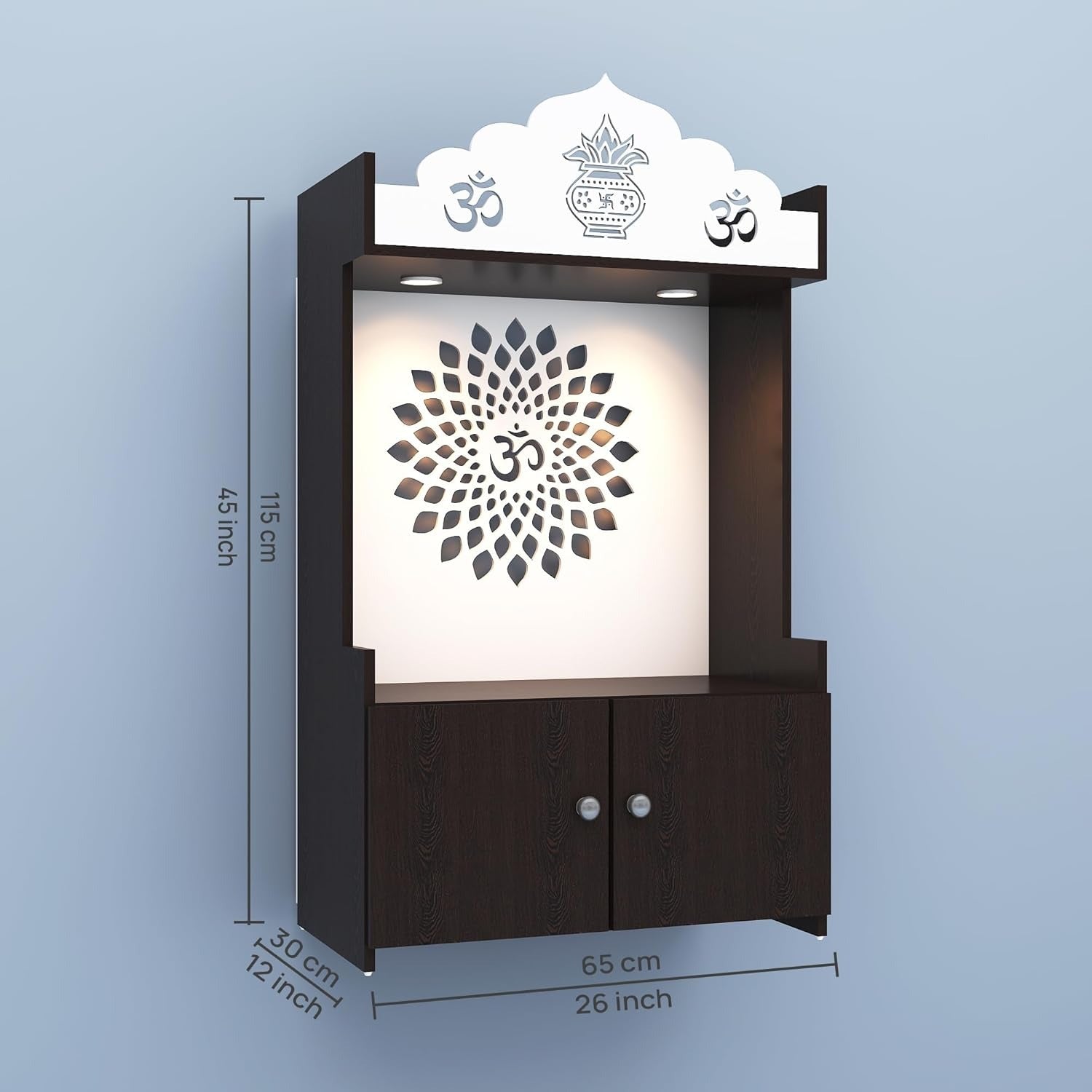 Dark Wooden Floor Pooja Mandir with Kalash & Om Top Design Lotus Pattern Back Panel Storage Cabinet
