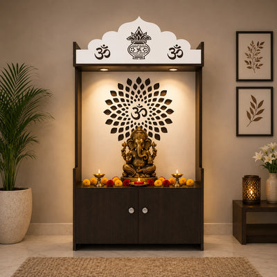 Dark Wooden Floor Pooja Mandir with Kalash & Om Top Design Lotus Pattern Back Panel Storage Cabinet