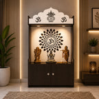 Dark Wooden Floor Pooja Mandir with Kalash & Om Top Design Lotus Pattern Back Panel Storage Cabinet