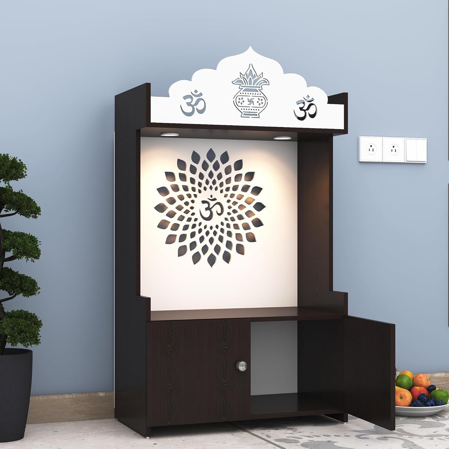 Dark Wooden Floor Pooja Mandir with Kalash & Om Top Design Lotus Pattern Back Panel Storage Cabinet