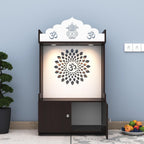 Dark Wooden Floor Pooja Mandir with Kalash & Om Top Design Lotus Pattern Back Panel Storage Cabinet