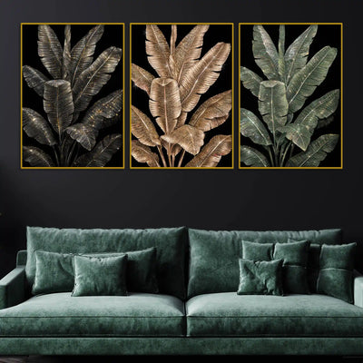 dazzling-black-and-gold-tropical-leaves-floating-frame-crystal-wall-painting-set-of-3
