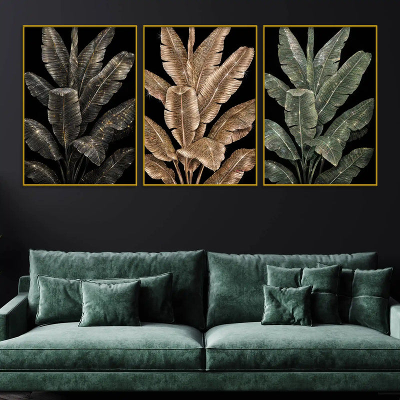 dazzling-black-and-gold-tropical-leaves-floating-frame-crystal-wall-painting-set-of-3