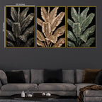 Dazzling Black and Gold Tropical Leaves Floating Frame Crystal Wall Painting Set of 3
