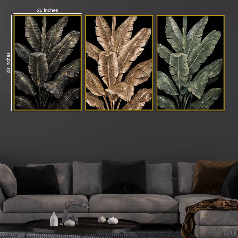 Dazzling Black and Gold Tropical Leaves Floating Frame Crystal Wall Painting Set of 3