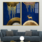 Dazzling Golden Deer on Sapphire Abstract Acrylic Floating Wall Painting Set of 2
