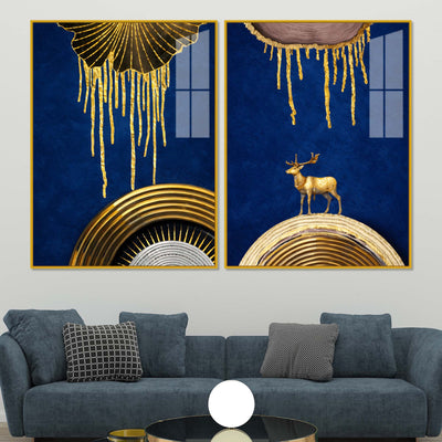 Dazzling Golden Deer on Sapphire Abstract Acrylic Floating Wall Painting Set of 2