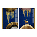 Dazzling Golden Deer on Sapphire Abstract Acrylic Floating Wall Painting Set of 2