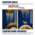 Dazzling Golden Deer on Sapphire Abstract Acrylic Floating Wall Painting Set of 2