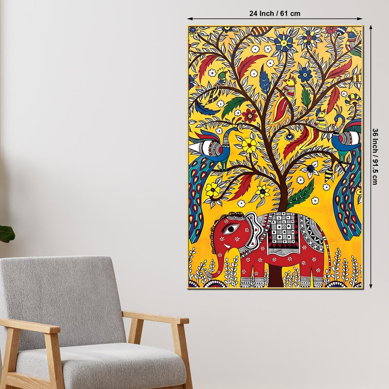 Decorative Elephant & Birds Art Canvas Wall Painting | Traditional Indian Wall Art