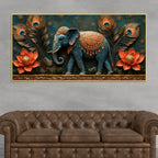 Decorative Elephant with Lotus and Peacock Feathers 3D Canvas Wall Painting