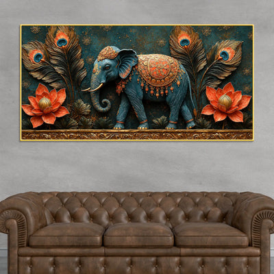 Decorative Elephant with Lotus and Peacock Feathers 3D Canvas Wall Painting