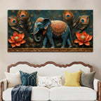 Decorative Elephant with Lotus and Peacock Feathers 3D Canvas Wall Painting