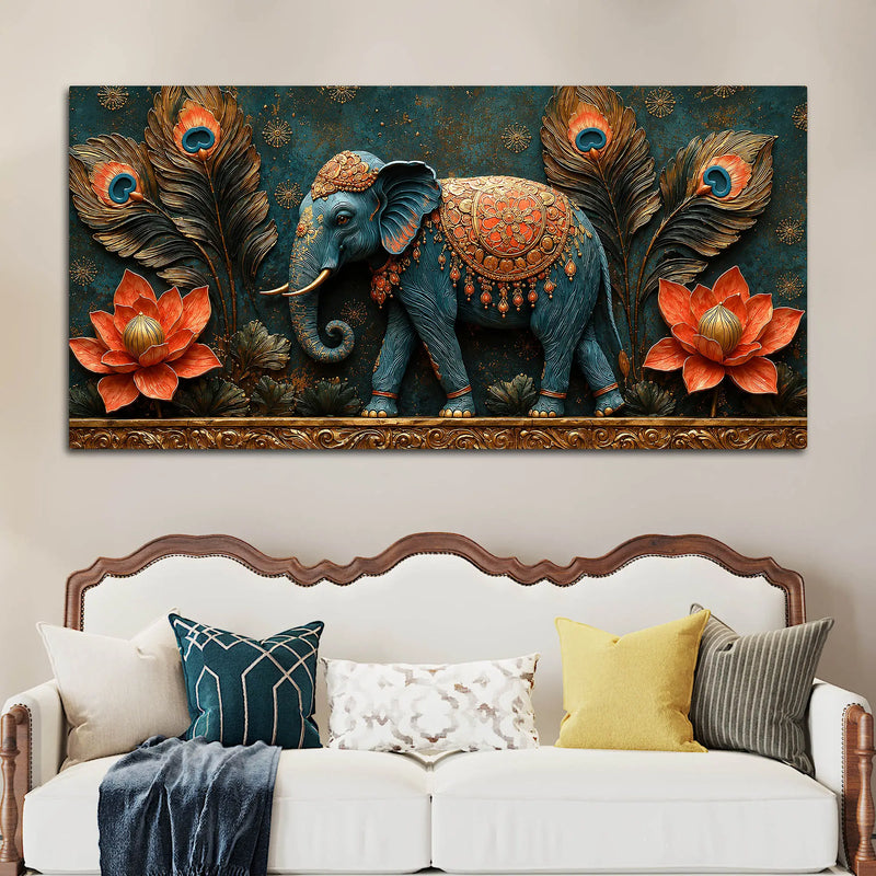 Decorative Elephant with Lotus and Peacock Feathers 3D Canvas Wall Painting