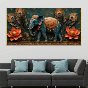 Decorative Elephant with Lotus and Peacock Feathers 3D Canvas Wall Painting