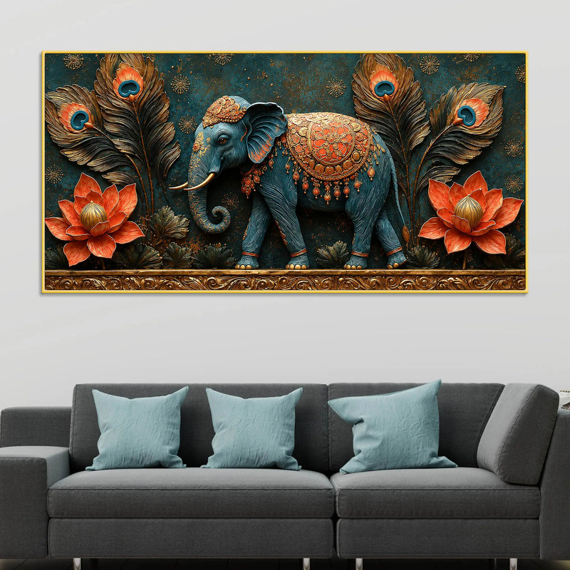 Decorative Elephant with Lotus and Peacock Feathers 3D Canvas Wall Painting