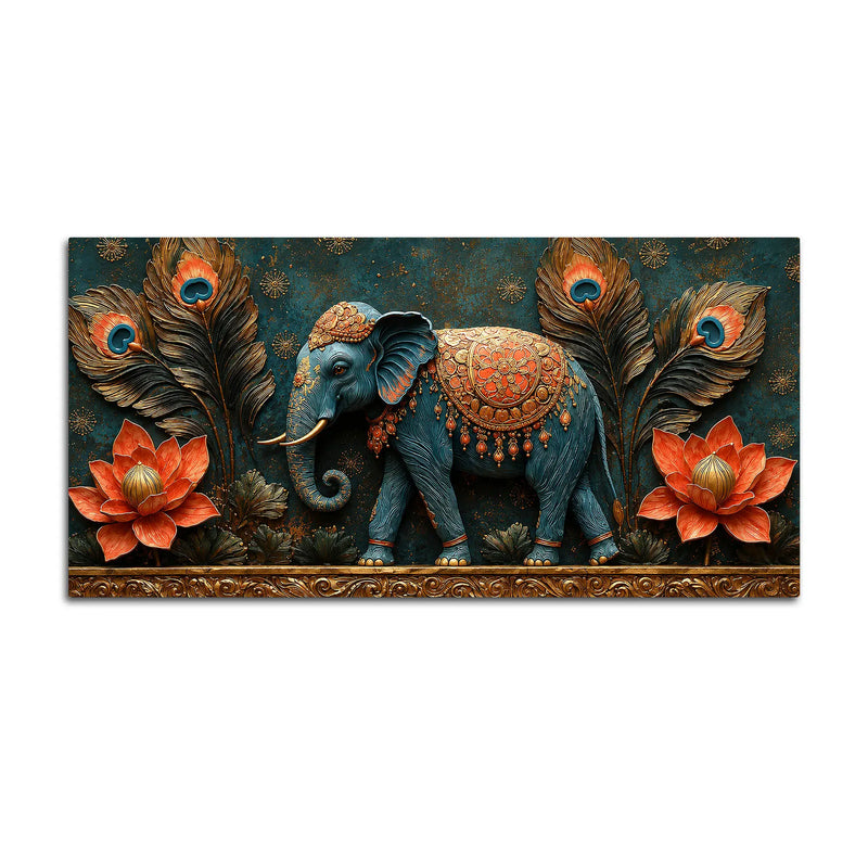Decorative Elephant with Lotus and Peacock Feathers 3D Canvas Wall Painting