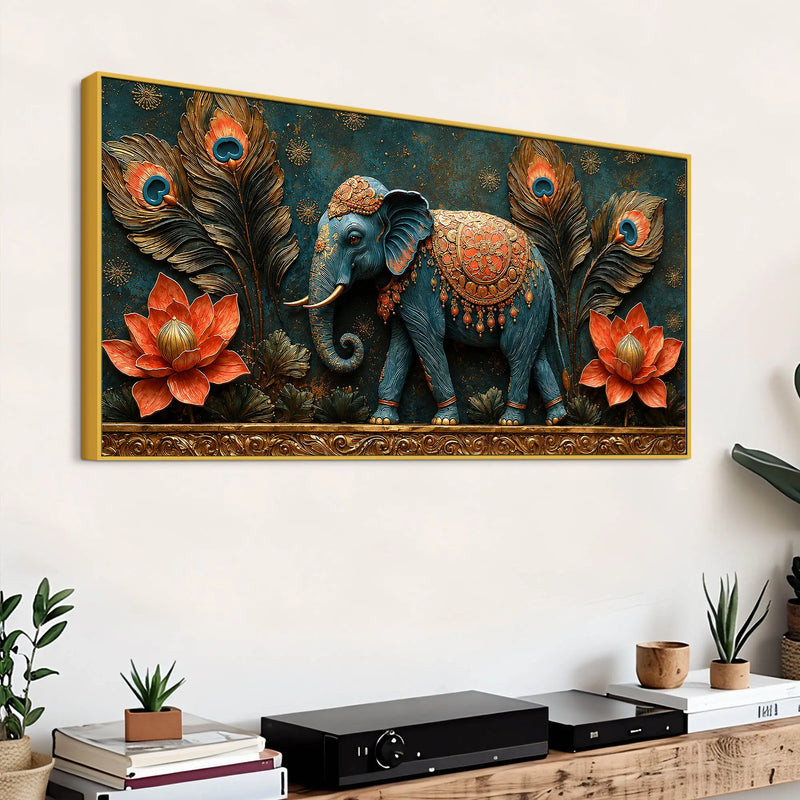 Decorative Elephant with Lotus and Peacock Feathers 3D Canvas Wall Painting