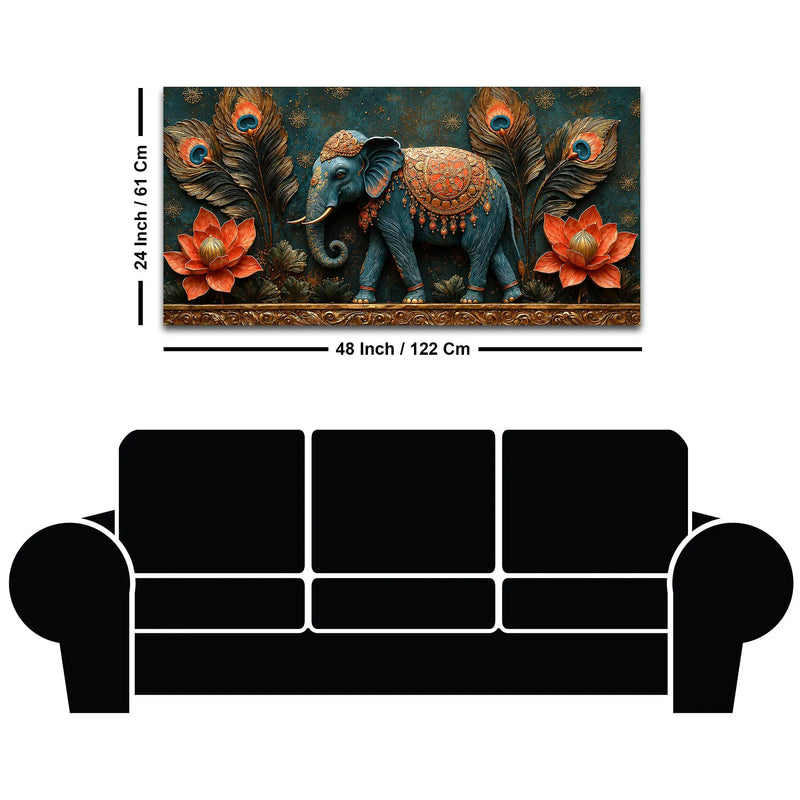 Decorative Elephant with Lotus and Peacock Feathers 3D Canvas Wall Painting