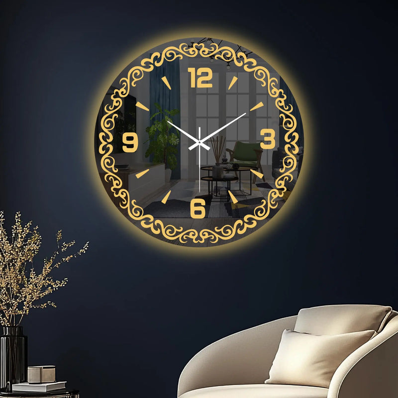 Decorative Golden Vine LED Mirror Wall Clock with Warm Backlight