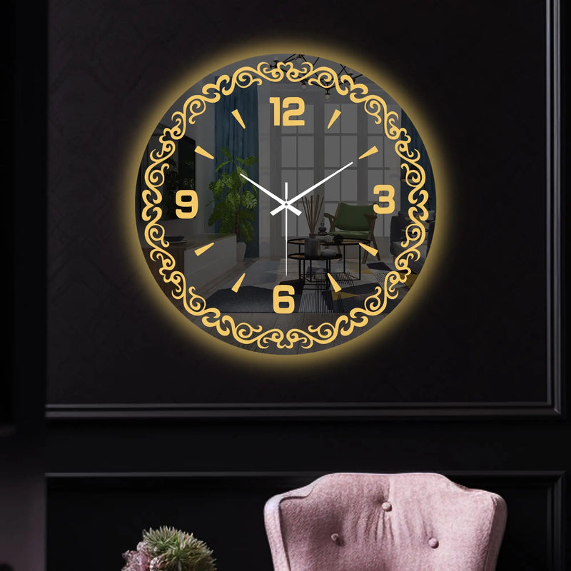 Decorative Golden Vine LED Mirror Wall Clock with Warm Backlight