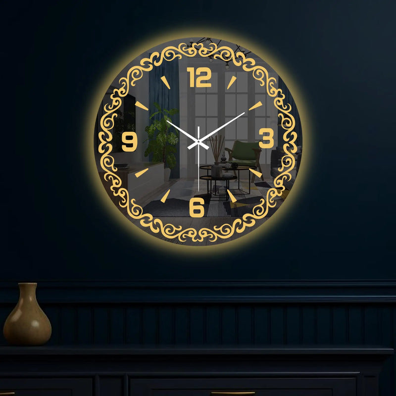 Decorative Golden Vine LED Mirror Wall Clock with Warm Backlight