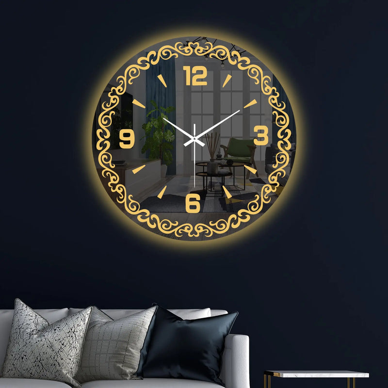 Decorative Golden Vine LED Mirror Wall Clock with Warm Backlight