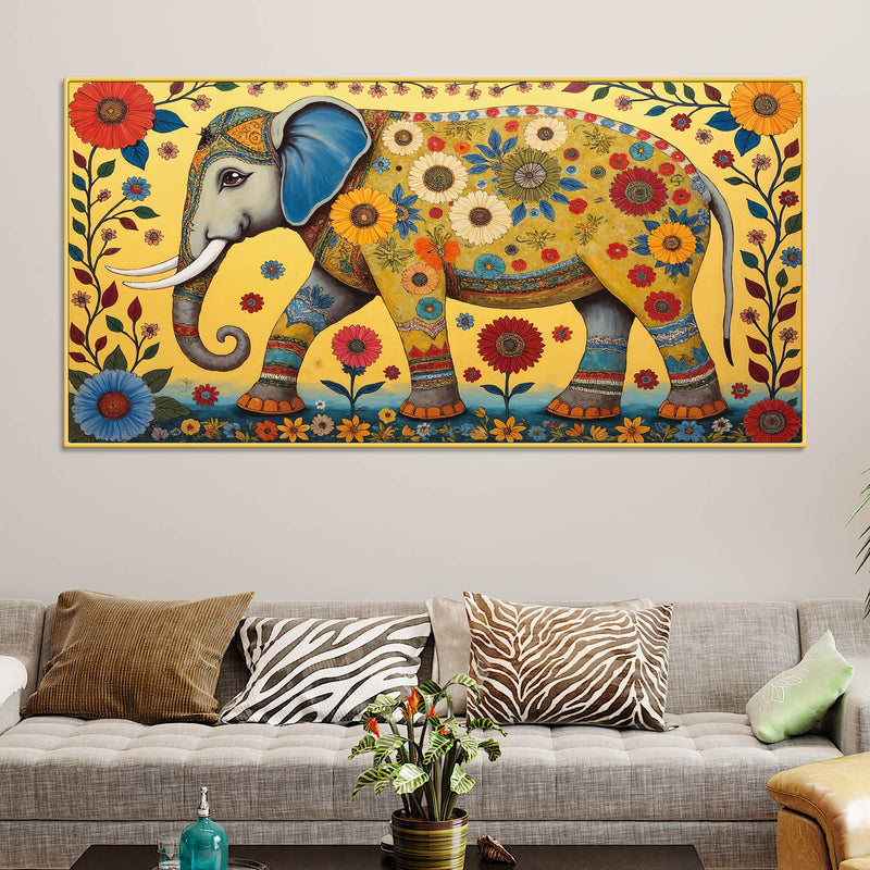 Decorative Madhubani Elephant Floral Canvas Wall Painting