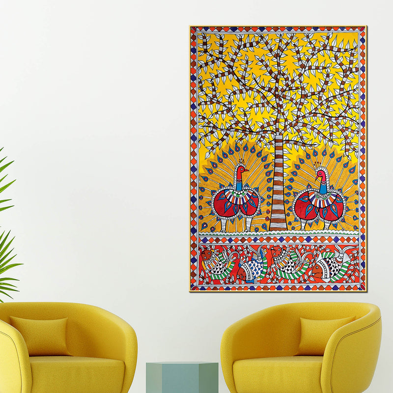 Decorative Peacock Canvas Painting Madhubani Wall Art for Home