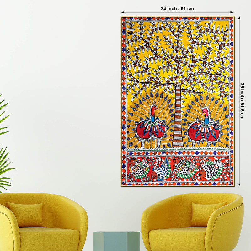 Decorative Peacock Canvas Painting Madhubani Wall Art for Home