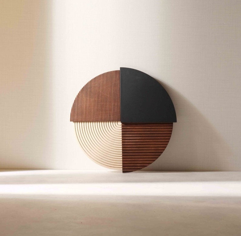Decorative Round Panel with Carved Wood and Matte Black Finish