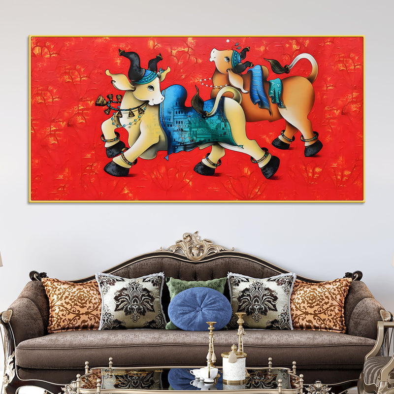 Decorative Sacred Cow Canvas Painting – Modern Indian Art